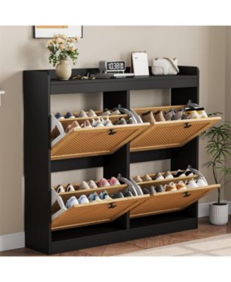 Shoe Cabinet Rattan with 4 Flip Drawers, Wooden Freestanding Shoe Organizer with Adjustable Shelves, Shoe Storage for Entryway, Closet