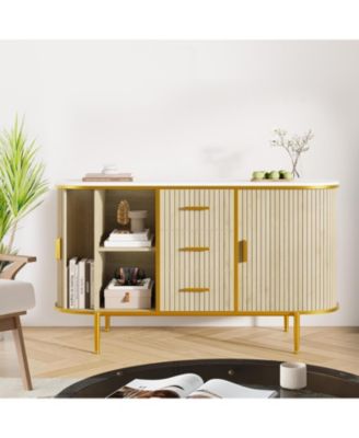 50" Mid Century Fluted Buffet Cabinet, Modern Coffee Bar Console Table with Faux Marble Top & Curved Sliding Doors, Storage Accent Cabinet