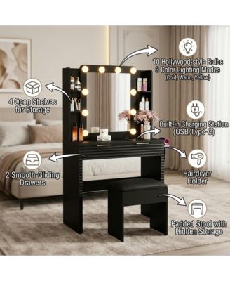 Mirror With 10 LED Bulbs Fluted Front Feature Makeup Vanity Desk Set