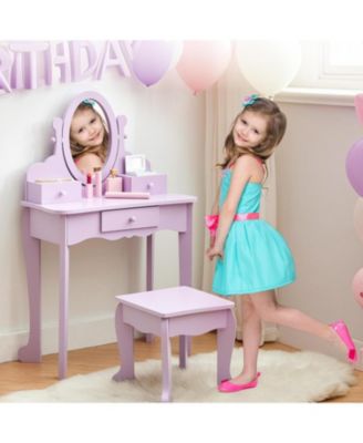 Kids Wooden Princess Vanity Set with Adjustable Mirror, Stool and Drawers