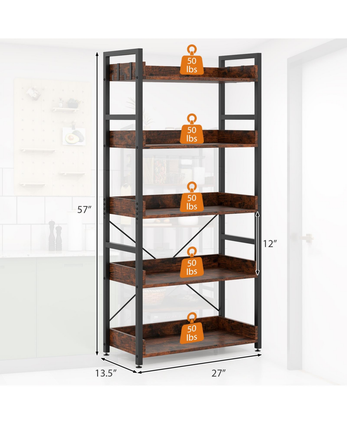 Slickblue 5-Tier Bookshelf with 4 Hooks Industrial Storage Bookcase.