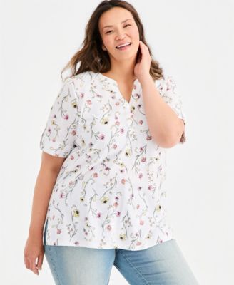 Plus Size Roll-Tab Sleeve Split-Neck Top