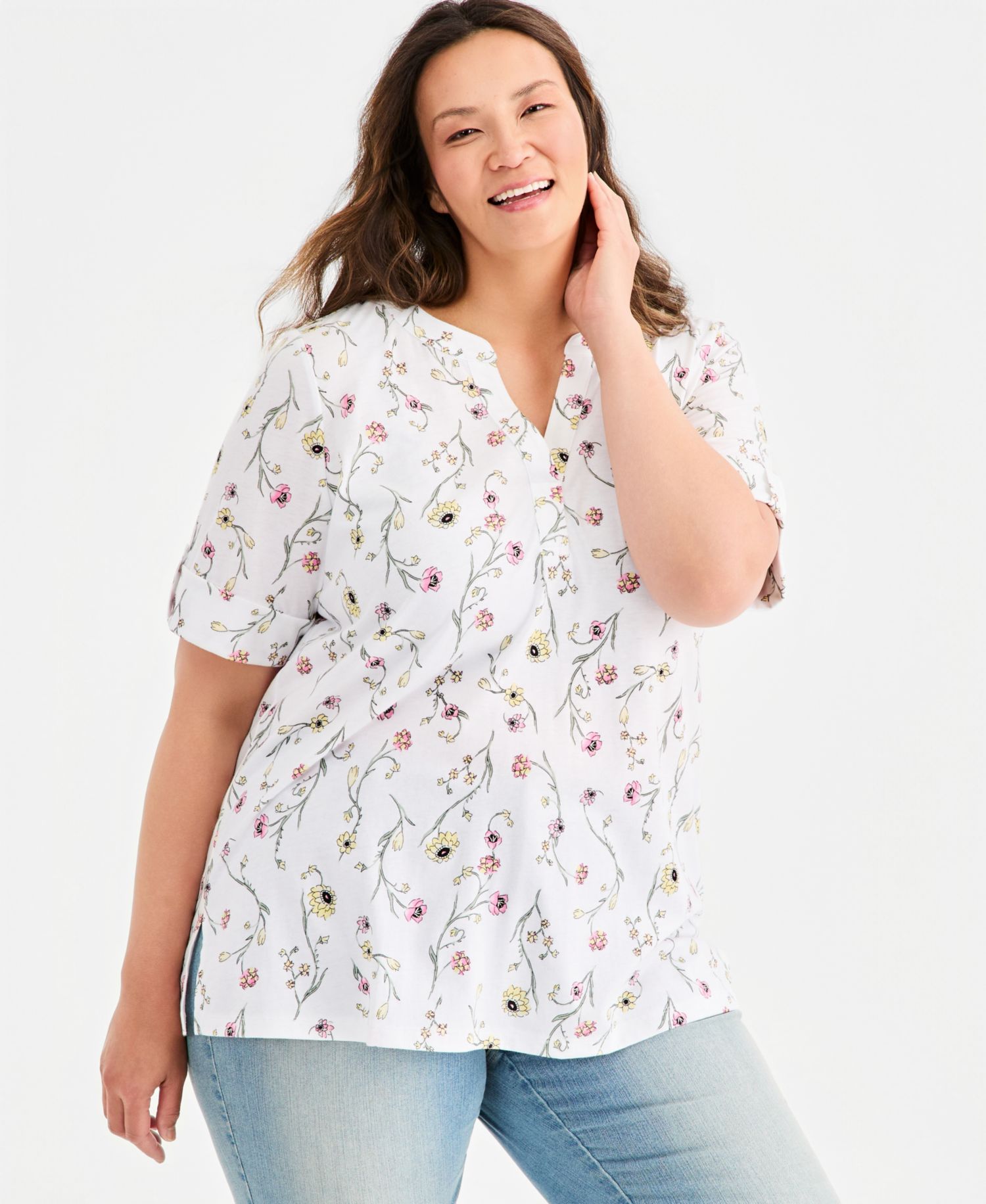 Plus Size Printed Roll-Tab Split-Neck Elbow-Sleeve Tunic