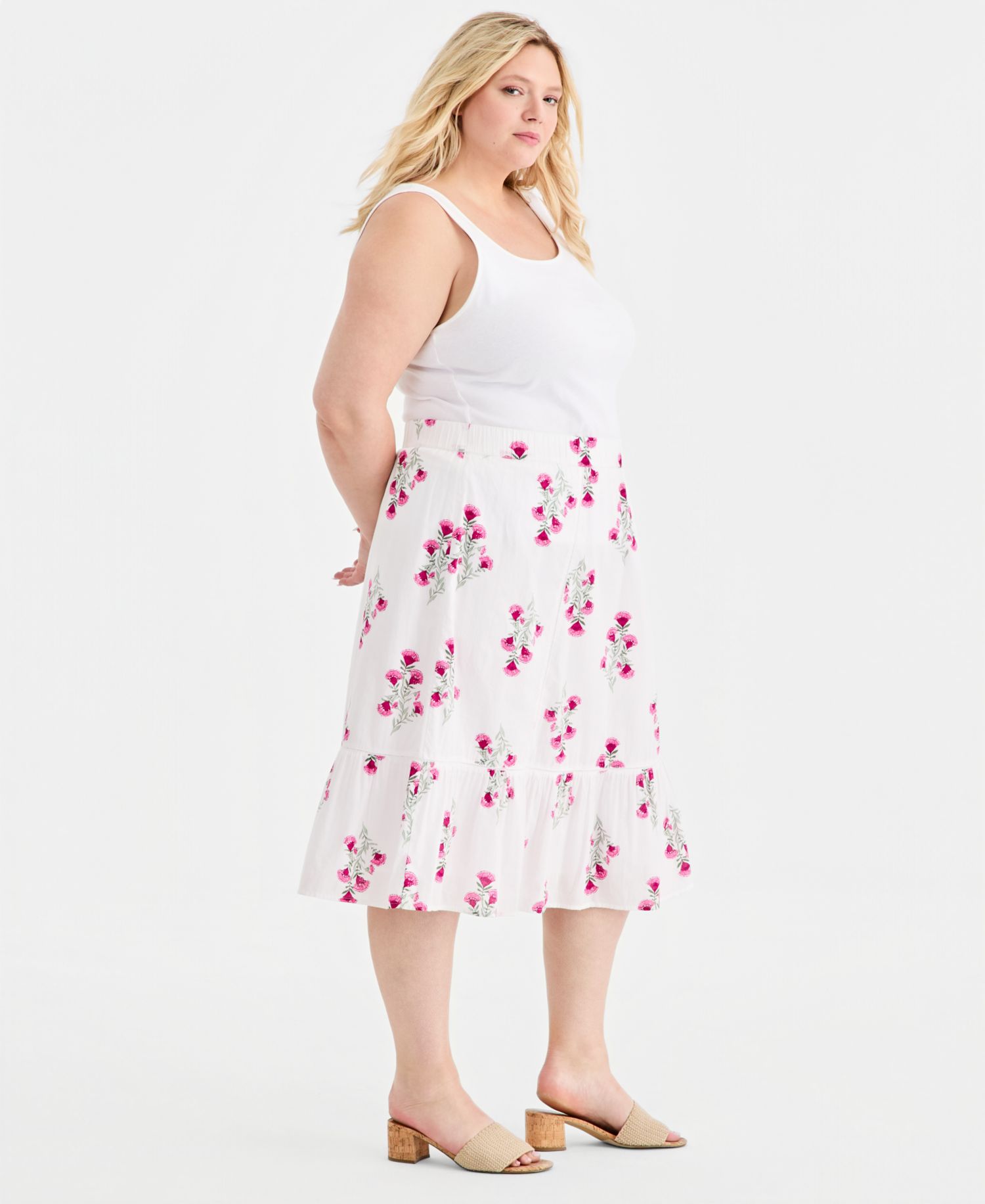 Plus Size Printed Cotton Pull-On Midi Skirt