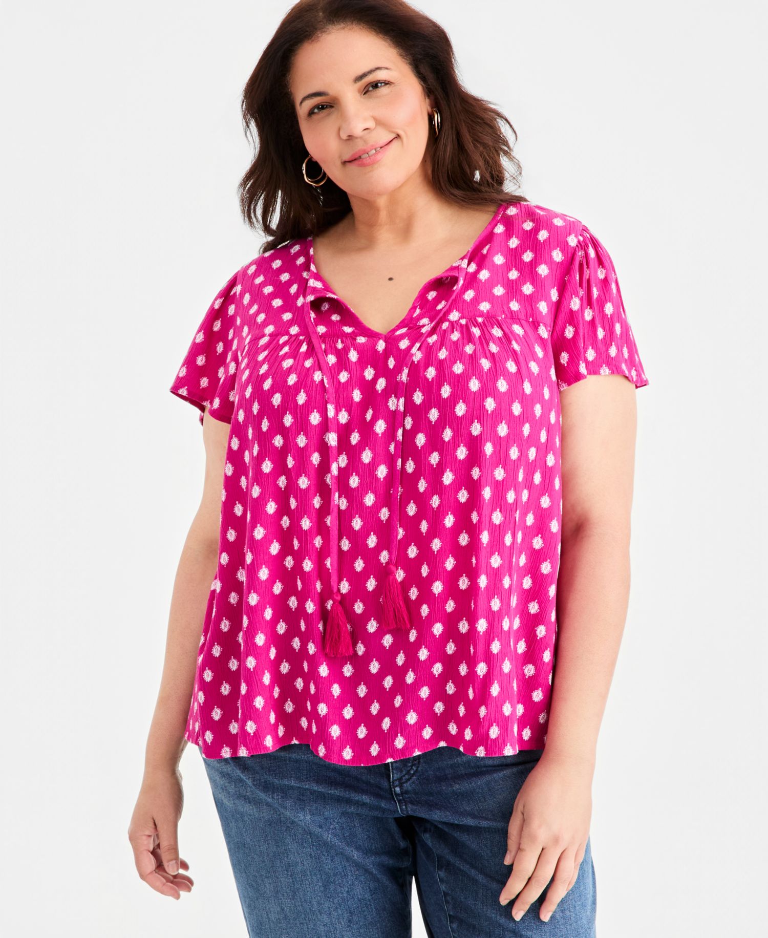 Plus Size Printed Split-Neck Flutter-Sleeve Blouse