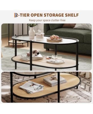 Boho Oval 2-Tier Rattan Coffee Table with Water-Wave Tempered Glass Top