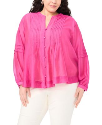 Plus Size Stand Collar Front Shoulder Pleats Button-Down Top