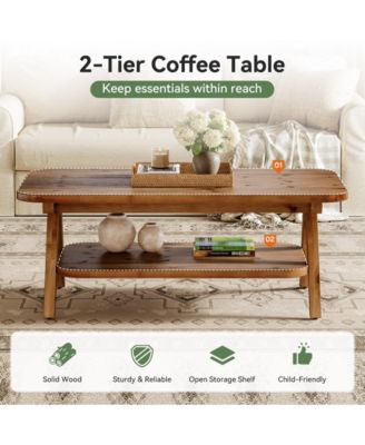 2-Tier Solid Wood Coffee Table, 47.2" Rustic Wooden Rectangular Center Table
