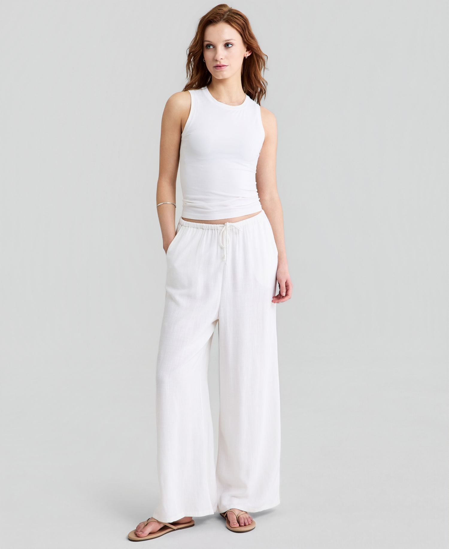 Petite Linen-Blend Wide Leg Drawstring Pant