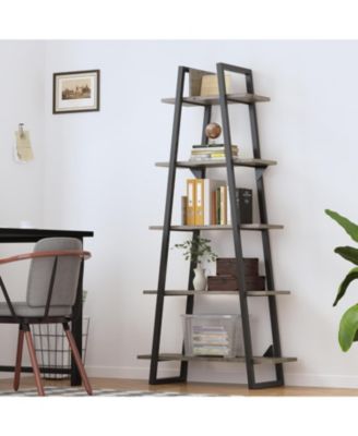 72" A-Shape Ladder Bookcase, 5-Tier Metal Frame Shelf with Adjustable Wood Shelves