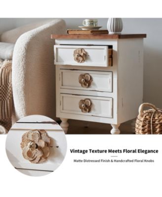  Vintage Farmhouse End Table - Rustic Nightstand, 3 Drawers, Distressed