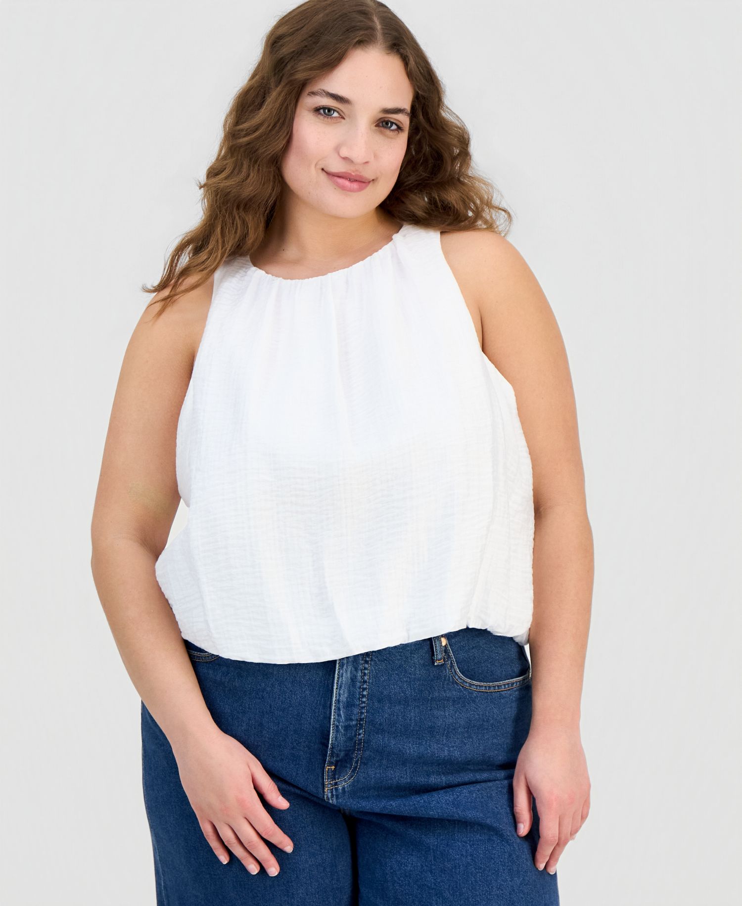 Trendy Plus Solid Bubble-Hem Round-Neck Tank