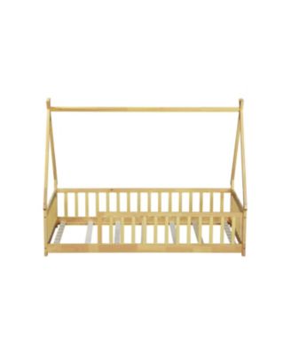 Tent-shaped Floor Bed,Teepee Bed with Guardrails, Slats