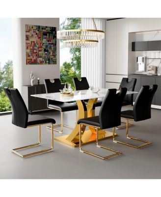 Marble dining table and chair set with gold decoration - modern