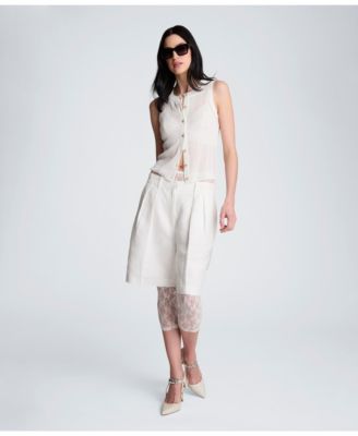  Women's High Rise Pleated Linen Blend Shorts