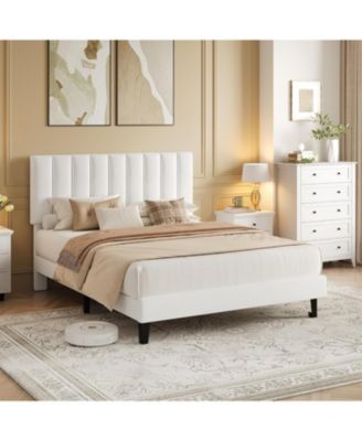 Full Upholstered Platform Bed Frame with Vertical Channel Tufted Headboard, Adjustable Height, Wooden Slats, Noise Free