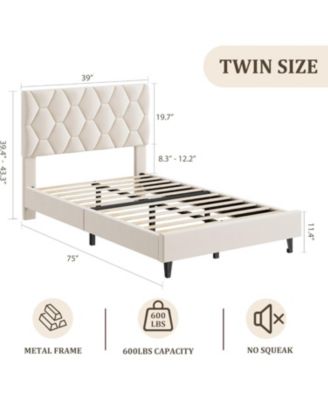 Twin Platform Bed Frame with Adjustable Upholstered Headboard, Modern Design, Wooden Slats Support, Triangular Legs, Easy Assembly