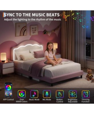 Kids Bed Frame with LED Headboard, Sherpa Upholstered Platform Bed, Wooden Slats Support, No Box Spring Needed