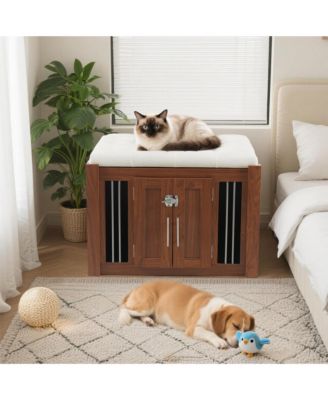 Walnut Luxury Dog Crate Side Table with Storage Ottoman and Removable Cushion
