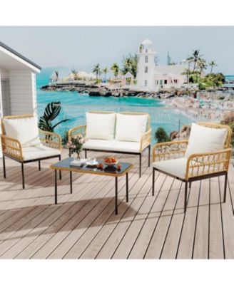 4 Pieces Outdoor Patio Furniture Set with Table, All-Weather Boho Wicker Rattan Patio Sectional L-Shaped Sofa, Metal Frame, Detachable Cushions