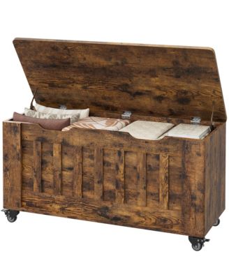 39.4" Rolling Wooden Storage Chest and Blanket Bench with Safety Hinges