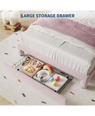 Kids Bed Frame with LED Headboard, Sherpa Upholstered Platform Bed with Storage Drawer, Wooden Slats, Easy Assembly