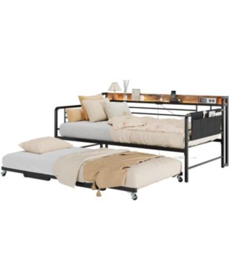 Daybed with Trundle, Storage Headboard with Charging Station & Storage Bags, Sofa Bed for Bedroom,Guest Room