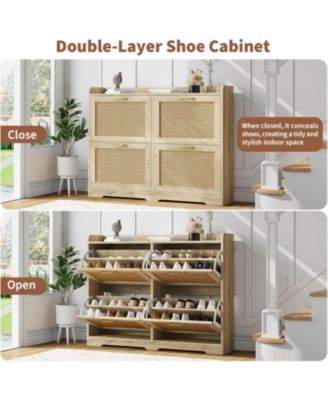 Entryway Shoe Cabinet with 4 Flip Drawers, Durable and Stylish, Hidden Freestanding Wood Breathable Wide Shoe Rack.