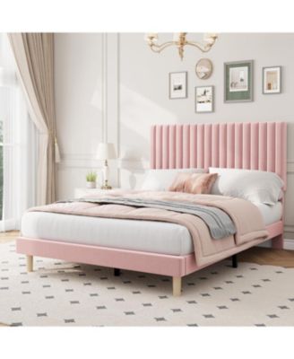 Full Size Velvet Platform Bed Frame with Vertical Channel Tufted Adjustable Headboard, Wooden Slats Support, No Box Spring