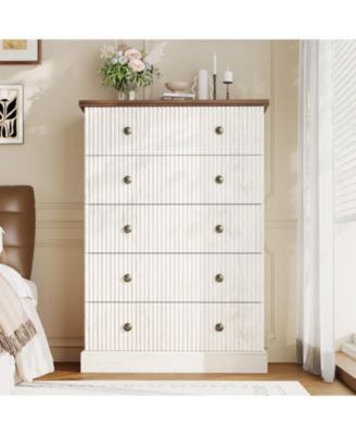 5 Drawer Tall Dresser for Bedroom, Fluted Vertical Chest of Drawers, Wood Storage Dresser with Metal Handles