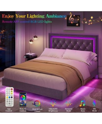 Full Floating Bed Frame with LED Lights, Upholstered Platform Bed, Wood Slats
