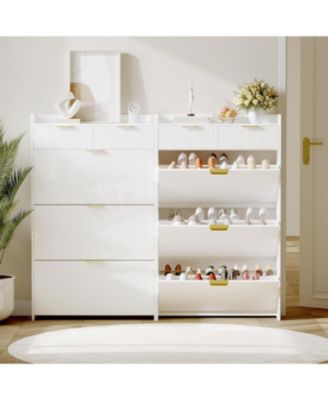 Slim Freestanding Fluted Shoe Cabinet with 2 Flip Drawers and Adjustable Shelf