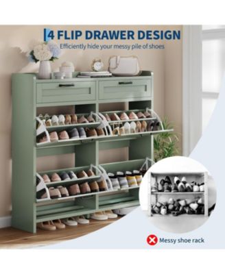 Shoe Cabinet with 4 Flip Drawers & 2 Top Drawers, Wood Shoe Organizer with Adjustable Shelf