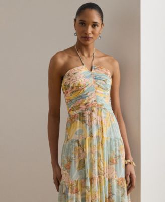 Floral Georgette Tiered Halter Gown