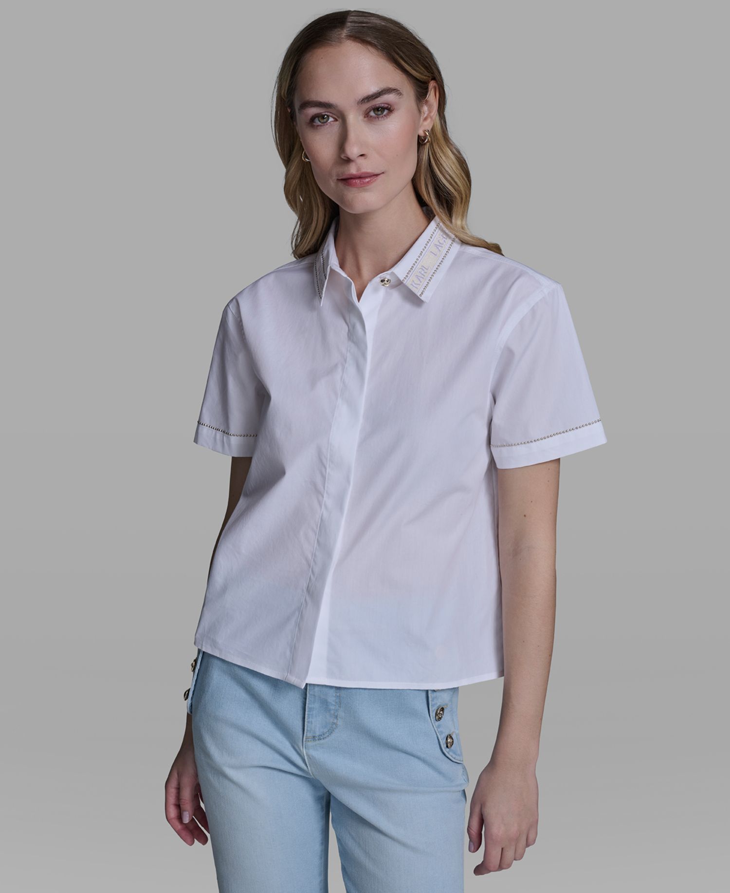 Women's Short-Sleeve Embroidered-Collar Top