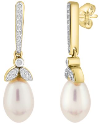 Cultured Freshwater Pearl (9x6mm) & Diamond (1/10 ct. t.w.) Drop Earrings in 10k Yellow Gold