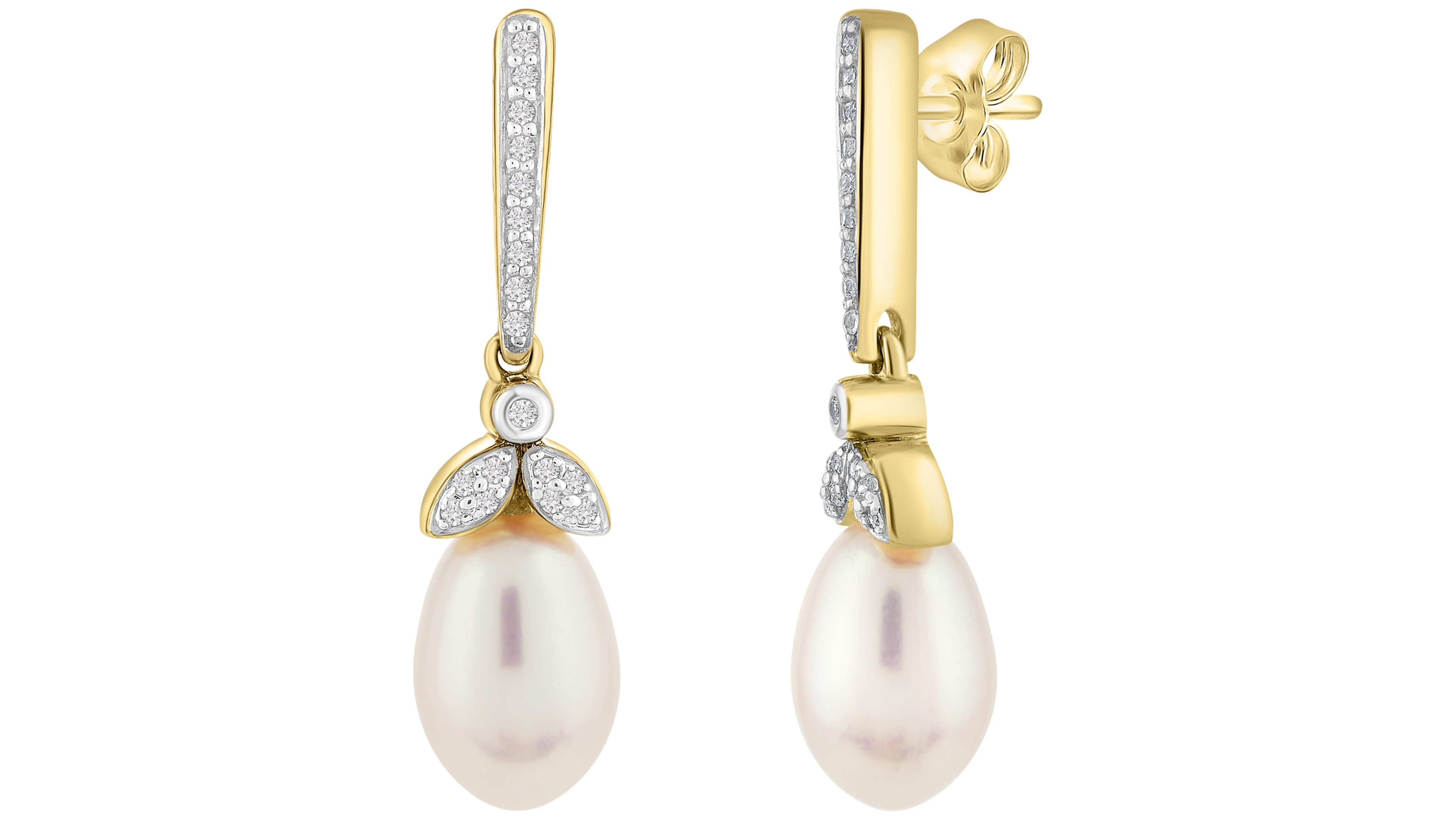 Macy's Cultured Freshwater Pearl (9x6mm) & Diamond (1/10 ct. t.w.) Drop Earrings in 10k Yellow Gold