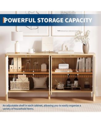 58" Fluted Oak Sideboard Buffet Cabinet with Storage, Large Buffet Cabinet with 4 Doors and Adjustable Shelves