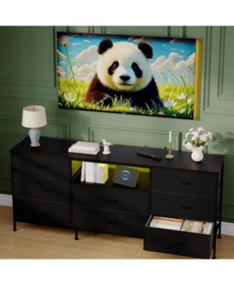 TV Stand Dresser for 45-65 Inch TV, Entertainment Center with LED Lights, 8 Fabric Drawers, Metal Frame Storage Cabinet