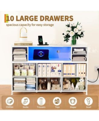 10 Fabric Drawers Dresser, Entertainment Center TV Stand with Power Outlet & LED Light for 45"-55" TV, Chest of Drawers with Wood