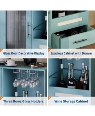 Modern Wine Bar Cabinet with Wine Glass Rack, Glass Door Display and Drawers, Coffee Bar & Liquor Cabinet with Storage, Buffet Sideboard Table