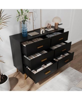 6-Drawer Wide Chest, Contemporary Wood Storage, Bedroom Dresser with Sliding Drawers, Office, Lounge