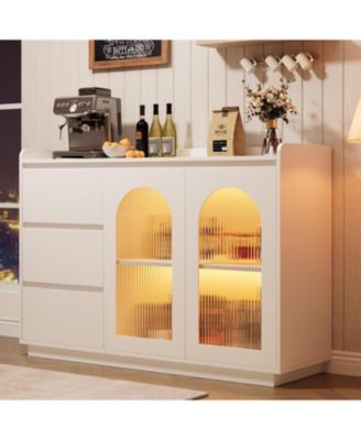 48 Inch  Sideboard Buffet Cabinet with Glass Doors Three Drawers Adjustable Shelves and LED Lights for Kitchen Dining and Living Room