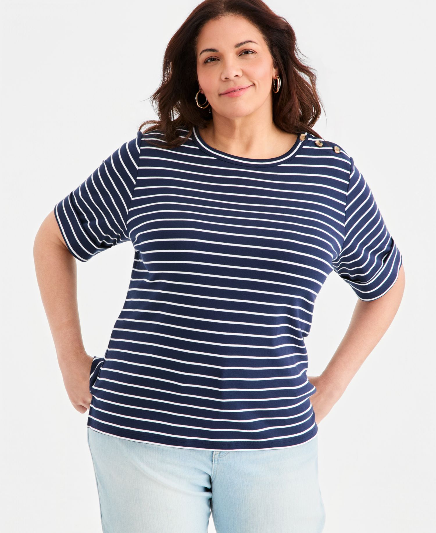 Petite Pima Cotton Boat-Neck Elbow Sleeve Top