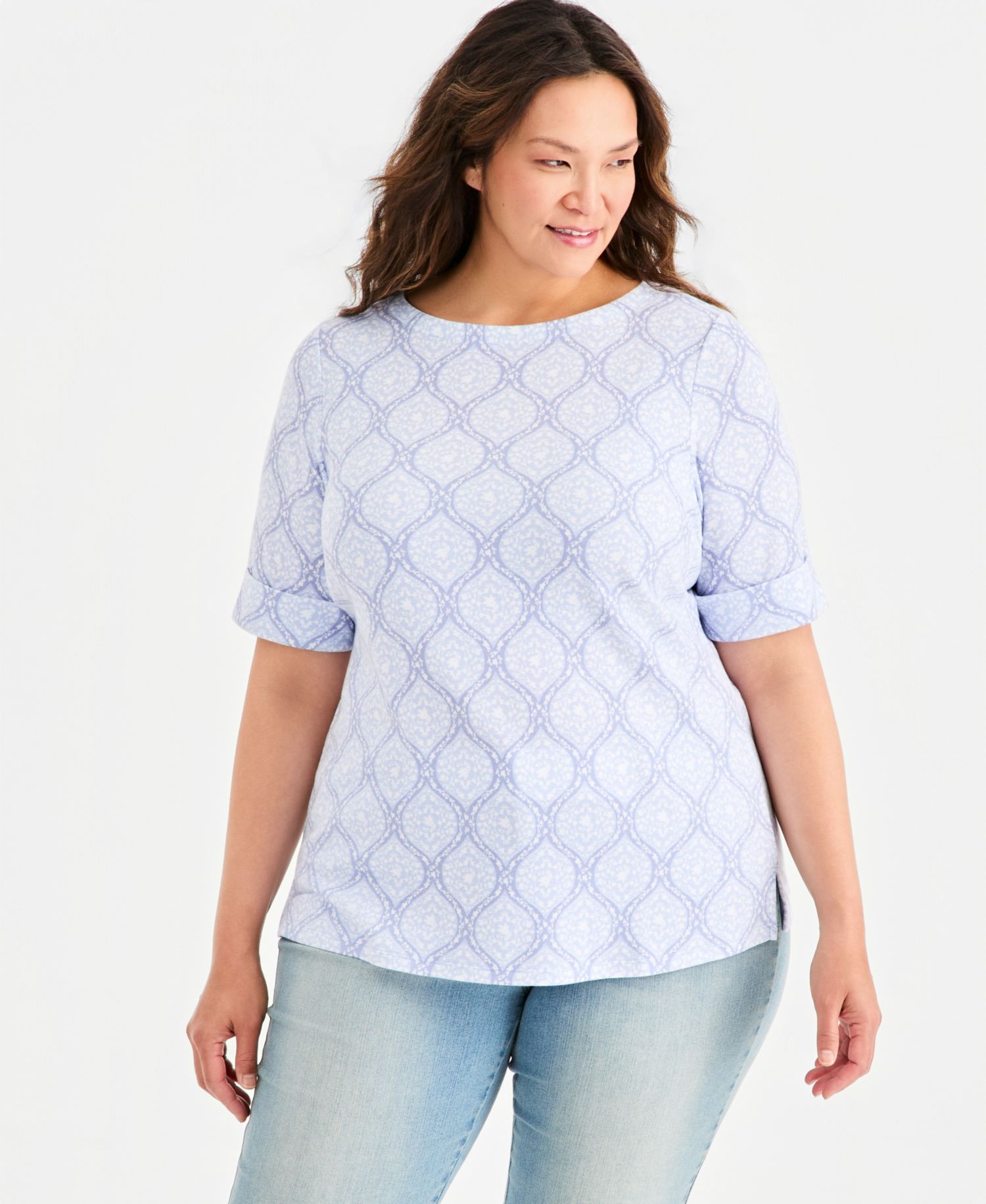 Petite Printed Boat-Neck Elbow-Sleeve Top