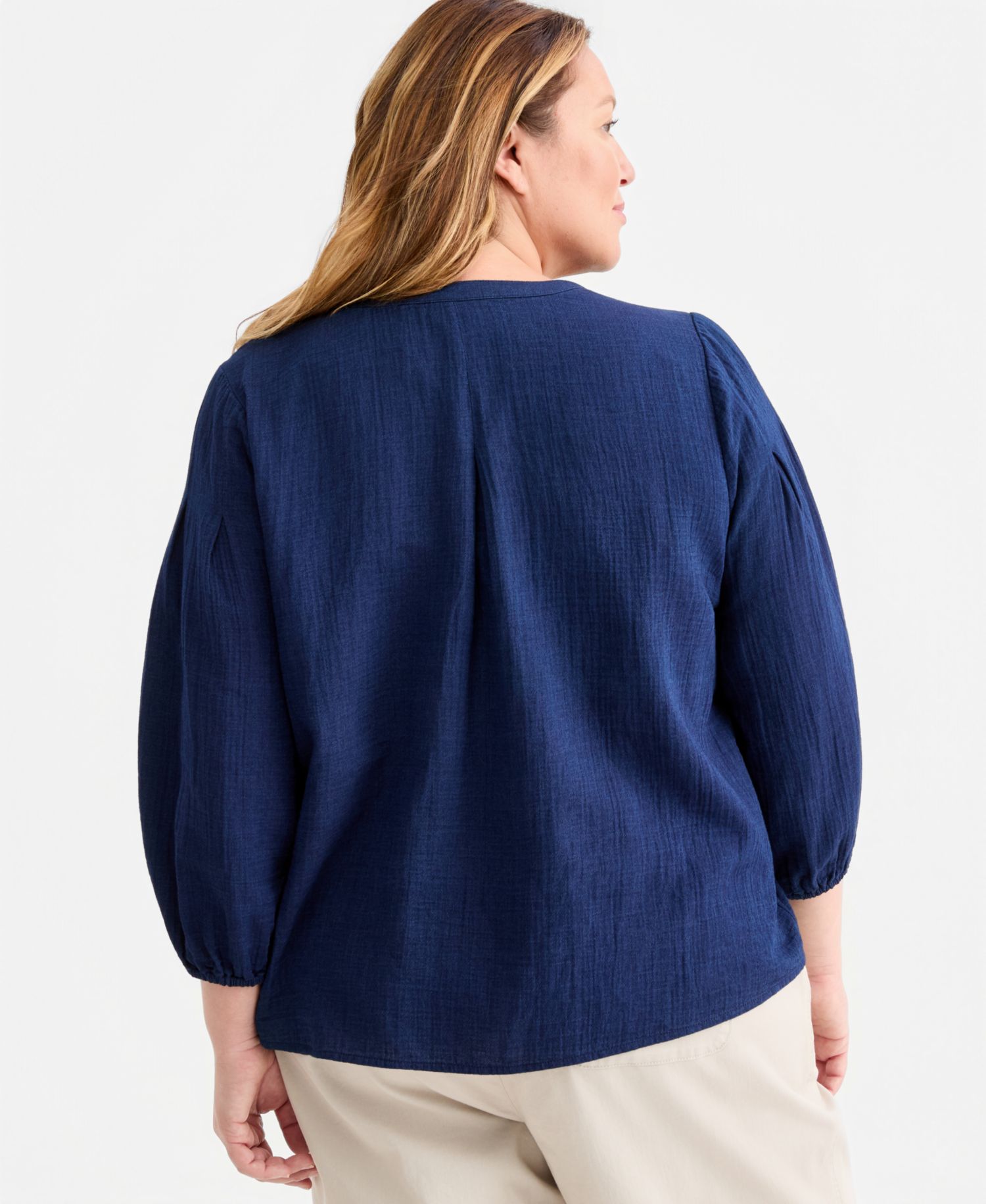 Plus Size Embroidered-Trim V-Neck Gauze Top