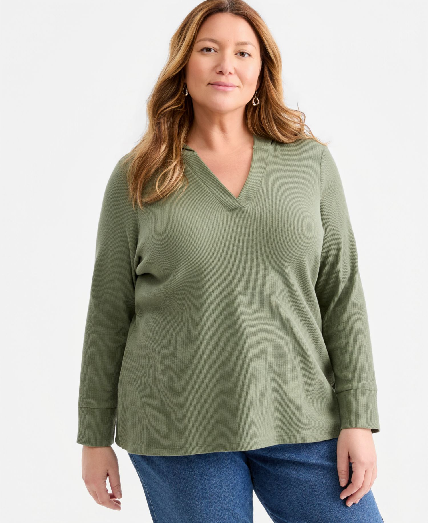 Plus Size Long-Sleeve V-Neck Waffle Hoodie