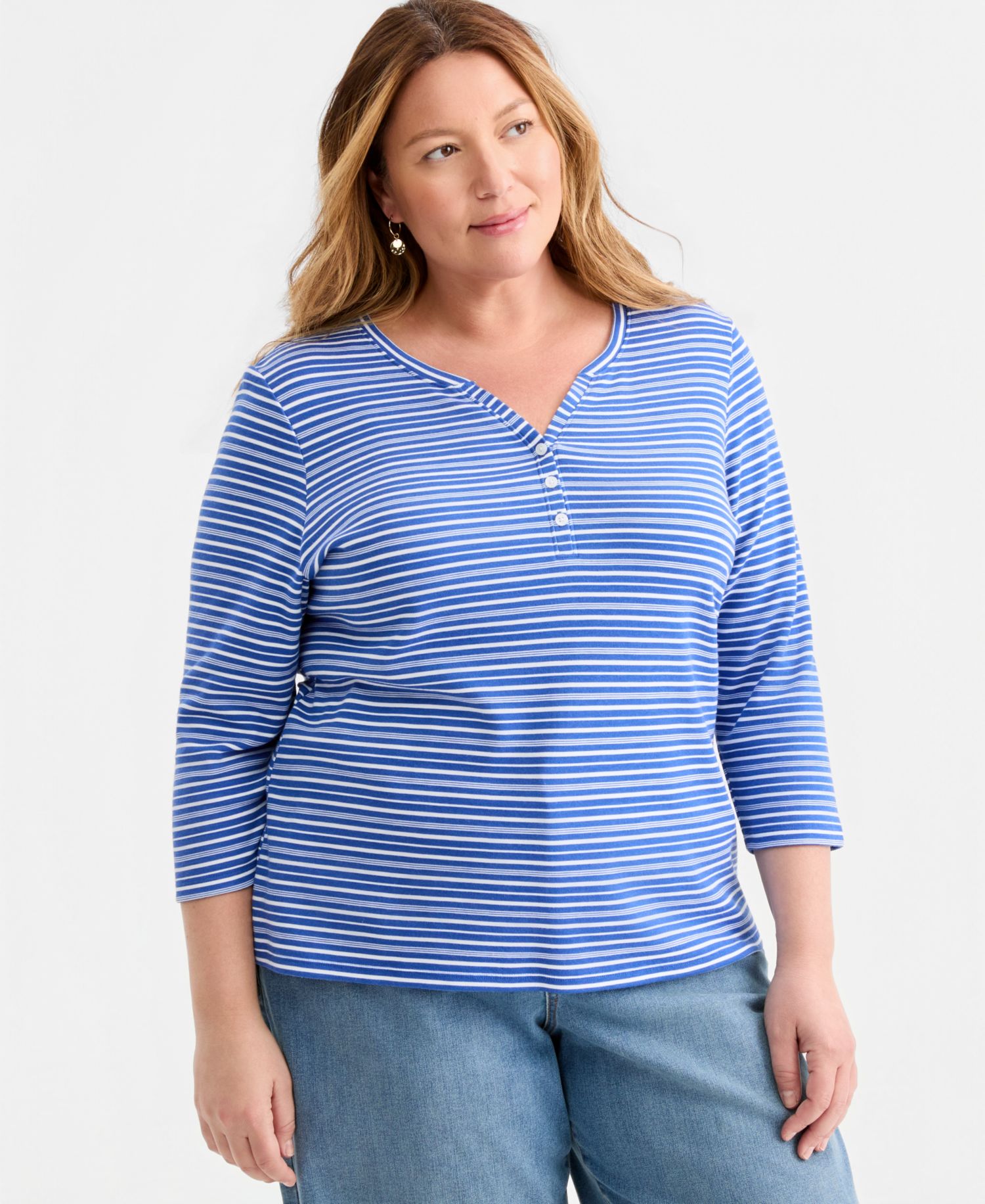 Petite Printed 3/4-Sleeve Henley Top