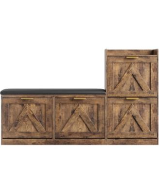 Farmhouse Freestanding Shoe Cabinet with Cushioned Bench and 4 Flip Drawers
