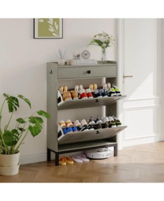 Compact Shoe Storage Cabinet with 2 Flip Drawers and Top Drawer